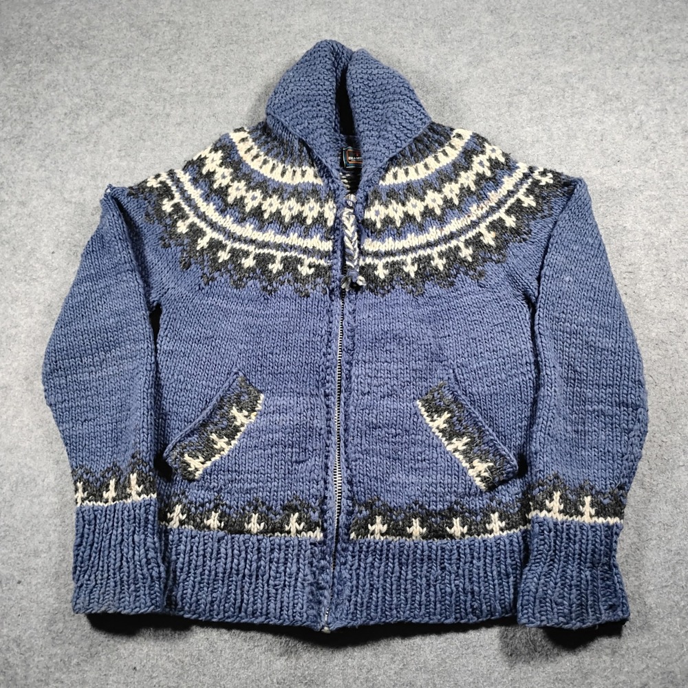 Chamula Hand Knit Merino Wool Fair Isle Zip Cardigan Sweater Blue Mens Small